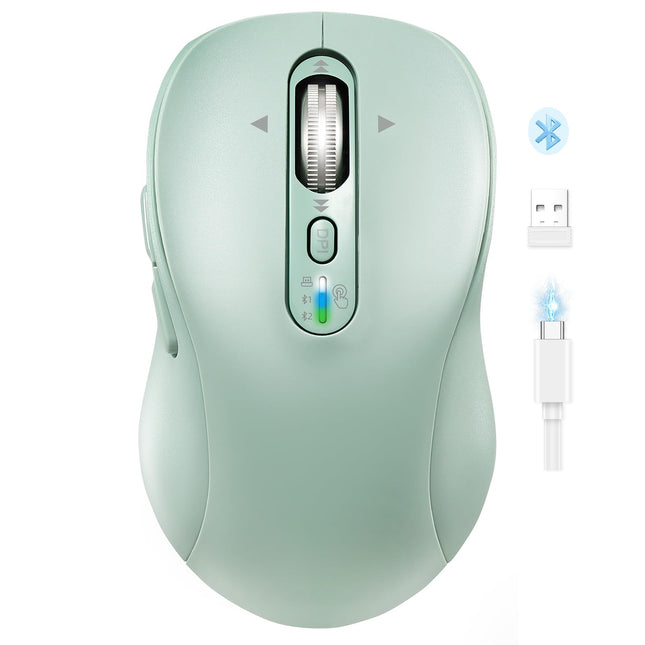 Wireless Bluetooth Mouse for Laptop,USB+BT×2,Quiet Ergo Computer Mouses,Metal 4-Way Super Scrolling,± 3200 DPI,Rechargeable,10 Button,Plug&Play,Multi Device Cordless Mice for iPad,Tablet,Mac,PC(Green)