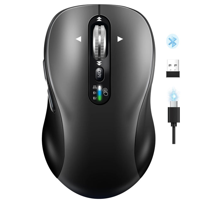 Wireless Bluetooth Mouse,Multi Device Ergo Computer Mouses,Metal 4-Way Super Scrolling,± 3200 DPI,10 Buttons,Plug&Play,Quiet,Rechargeable,USB Cordless Mice for Laptop,Tablet,Mac,iPad,PC,Phone (Grey)