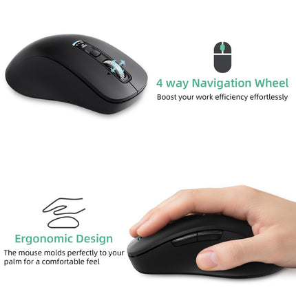 INFINMIND Wireless Bluetooth Silent Mouse, Equipped 2.4G USB and Two Bluetooth, Multi Device Programmable Mouse, 4 Way Navigation Wheel, for Computer, Laptop, MacBook, Tablet, iPad. (Black)