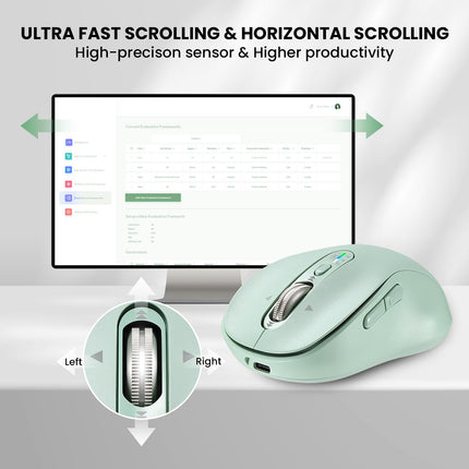 Wireless Bluetooth Mouse for Laptop,USB+BT×2,Quiet Ergo Computer Mouses,Metal 4-Way Super Scrolling,± 3200 DPI,Rechargeable,10 Button,Plug&Play,Multi Device Cordless Mice for iPad,Tablet,Mac,PC(Green)