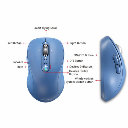 Wireless Bluetooth Mouse Rechargeable,Multi Device Ergo Computer Mouses,4-Way Super Scrolling,± 3200 DPI,10 Buttons,Plug&Play,Quiet,USB Cordless Mice for Laptop,Tablet,Mac,iPad,PC,Phone (Blue)