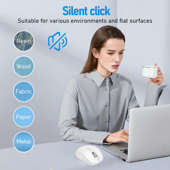 INFINMIND Wireless Bluetooth & USB Multi-Device Ergonomic Mouse Silent Click, 4-Way Scroll Wheel, Adjustable DPI, Office Cordless USB Mice, Mouse for Laptop/Coupmter/mac air/iPad (White)