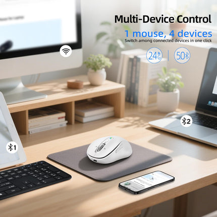Wireless Bluetooth Mouse Rechargeable,Multi Device Ergo Computer Mouses,4-Way Super Scrolling,± 3200 DPI,10 Buttons,Plug&Play,Quiet,USB Cordless Mice for Laptop,Tablet,Mac,iPad,PC,Phone (White)