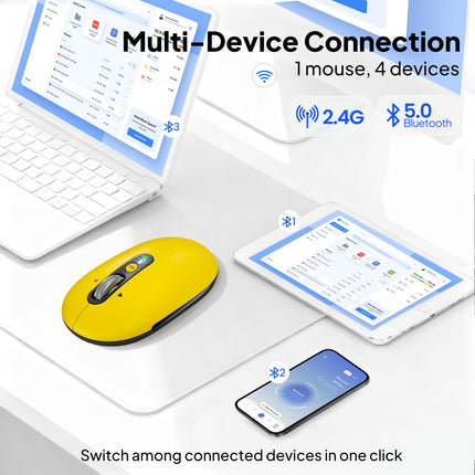 Wireless Bluetooth Mouse-Battery,Multi Device Slim Portable Quiet Travel Mice,Plug&Play,4-Way Super Scrolling,± 3000 DPI,8 Buttons,Lightweight,Cordless for Computer,Laptop,Tablet,Mac,iPad,PC(Yellow)