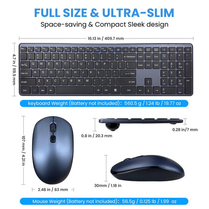 Wireless Keyboard and Mouse Combo,2.4G USB Ultra Slim Quiet Full Size Matte PC Computer Keyboard & Mice,3 DPI,19 Multimedia Key,Lag-Free Ergo,Long Battery Life for Desktop,Laptop,Smart TV,MAC,Windows
