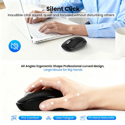 Wireless Bluetooth Mouse,USB+BT×2,Multi Device Ergo Full Size Mouses-big Hand,Metal 4-Way Super Scrolling,± 3000 DPI,10 Buttons,Plug&Play,Quiet,w/ 2 Batteries,Mice for Laptop,Computer,Tablet,Mac,iPad
