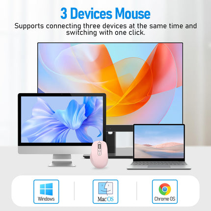 INFINMIND Wireless Bluetooth & USB Multi-Device Ergonomic Mouse Silent Click, 4-Way Scroll Wheel, Adjustable DPI, Office Cordless USB Mice, Mouse for Laptop/Coupmter/mac air/iPad (Pink)