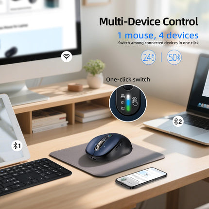 Wireless Bluetooth Mouse for Laptop,USB+BT×2,Quiet Ergo Computer Mouses,Metal 4-Way Super Scrolling,± 3200 DPI,Rechargeable,10 Buttons,Plug&Play,Multi Device Cordless Mice for iPad,Tablet,Mac,PC,Phone