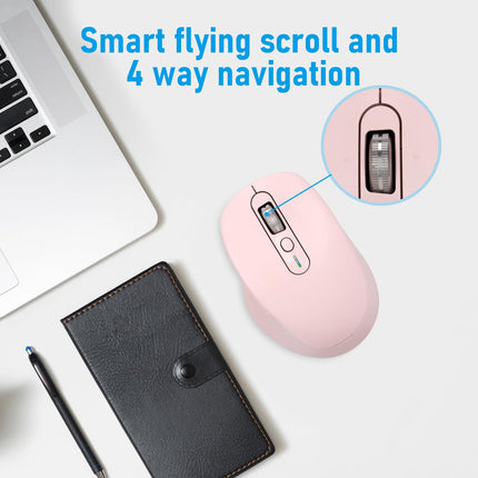INFINMIND Wireless Bluetooth & USB Multi-Device Ergonomic Mouse Silent Click, 4-Way Scroll Wheel, Adjustable DPI, Office Cordless USB Mice, Mouse for Laptop/Coupmter/mac air/iPad (Pink)