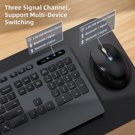 INFINMIND Wireless Keyboard Mouse Combo, 2.4GHz USB and Two Bluetooth, Multi-Functional, Support Multi-Devices, Full Size Ergonomic Design, Quiet Click for Computer, Laptop. (Black+Grey)