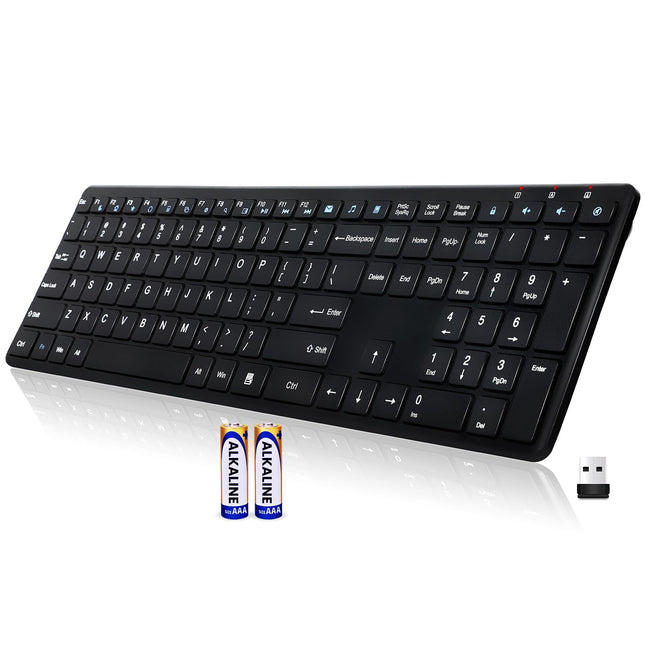 Wireless Keyboard-2.4G USB Ultra Slim Quiet Full Size Matte PC Computer Keyboard,19 Multimedia Keys,Number Pad,Plug&Play,Lag-Free Ergo,Long Battery life for Desktop,Laptop,Smart TV,MAC,Windows,QWERTY