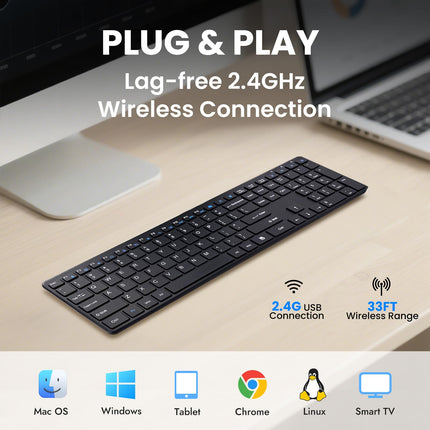 Wireless Keyboard-2.4G USB Ultra Slim Quiet Full Size Matte PC Computer Keyboard,19 Multimedia Keys,Number Pad,Plug&Play,Lag-Free Ergo,Long Battery life for Desktop,Laptop,Smart TV,MAC,Windows,QWERTY