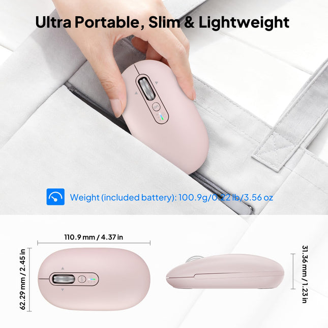 Wireless Bluetooth Mouse-Battery,Multi Device Slim Portable Quiet Travel Mice,Plug&Play,4-Way Super Scrolling,± 3000 DPI,8 Buttons,Lightweight,Cordless for Computer,Laptop,Tablet,Mac,iPad,PC (Pink)
