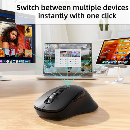 INFINMIND Wireless Bluetooth Silent Mouse, Equipped 2.4G USB and Two Bluetooth, Multi Device Programmable Mouse, 4 Way Navigation Wheel, for Computer, Laptop, MacBook, Tablet, iPad. (Black)