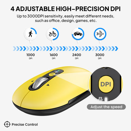 Wireless Bluetooth Mouse-Battery,Multi Device Slim Portable Quiet Travel Mice,Plug&Play,4-Way Super Scrolling,± 3000 DPI,8 Buttons,Lightweight,Cordless for Computer,Laptop,Tablet,Mac,iPad,PC(Yellow)
