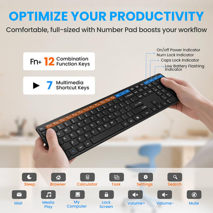 Wireless Keyboard-2.4G USB Ultra Slim Quiet Full Size Matte PC Computer Keyboard,19 Multimedia Keys,Number Pad,Plug&Play,Lag-Free Ergo,Long Battery life for Desktop,Laptop,Smart TV,MAC,Windows,QWERTY