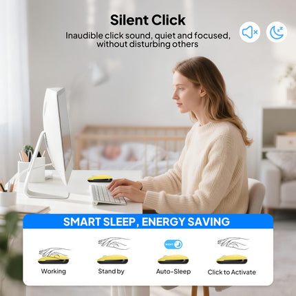 Wireless Bluetooth Mouse-Battery,Multi Device Slim Portable Quiet Travel Mice,Plug&Play,4-Way Super Scrolling,± 3000 DPI,8 Buttons,Lightweight,Cordless for Computer,Laptop,Tablet,Mac,iPad,PC(Yellow)