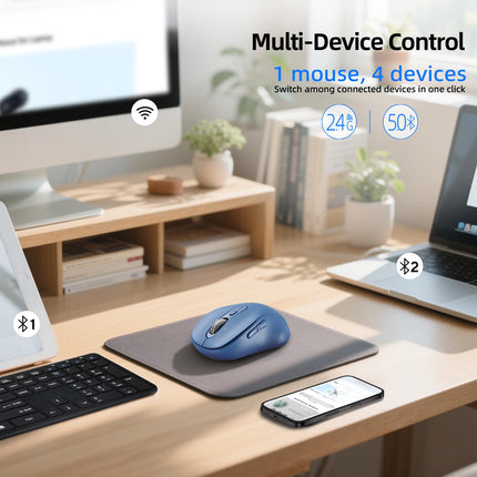 Wireless Bluetooth Mouse Rechargeable,Multi Device Ergo Computer Mouses,4-Way Super Scrolling,± 3200 DPI,10 Buttons,Plug&Play,Quiet,USB Cordless Mice for Laptop,Tablet,Mac,iPad,PC,Phone (Blue)
