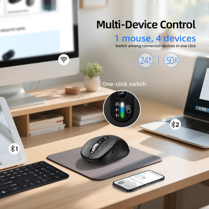 Wireless Bluetooth Mouse,Multi Device Ergo Computer Mouses,Metal 4-Way Super Scrolling,± 3200 DPI,10 Buttons,Plug&Play,Quiet,Rechargeable,USB Cordless Mice for Laptop,Tablet,Mac,iPad,PC,Phone (Grey)
