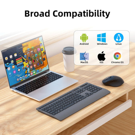 INFINMIND Wireless Keyboard Mouse Combo, 2.4GHz USB and Two Bluetooth, Multi-Functional, Support Multi-Devices, Full Size Ergonomic Design, Quiet Click for Computer, Laptop. (Black+Grey)