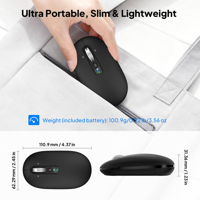 Wireless Bluetooth Mouse,USB+BT×2,Slim Pebble Multi Device Small Travel Mice,Metal 4 Way Super Scrolling,± 3000 DPI,8 Buttons,Quiet,Portable,Long Battery for Laptop,Computer,Tablet,Mac,iPad,PC,Phone