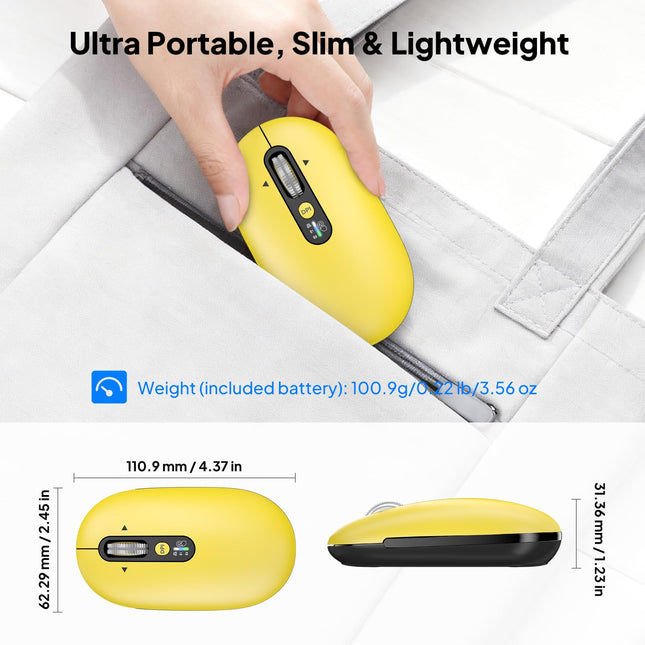 Wireless Bluetooth Mouse-Battery,Multi Device Slim Portable Quiet Travel Mice,Plug&Play,4-Way Super Scrolling,± 3000 DPI,8 Buttons,Lightweight,Cordless for Computer,Laptop,Tablet,Mac,iPad,PC(Yellow)
